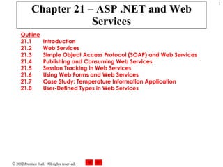 Chapter 21 – ASP .NET and Web Services Outline 21.1  Introduction 21.2  Web Services 21.3  Simple Object Access Protocol (SOAP) and Web Services 21.4  Publishing and Consuming Web Services 21.5  Session Tracking in Web Services 21.6  Using Web Forms and Web Services 21.7  Case Study: Temperature Information Application 21.8  User-Defined Types in Web Services 