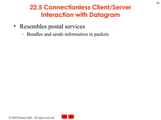 22.5 Connectionless Client/Server Interaction with Datagram Resembles postal services Bundles and sends information in packets 
