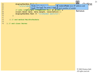 Server.cs 64  displayTextBox.Text +=  65  "\r\n\r\nEcho data back to client..." ; 66  67  // echo information from packet back to client 68  client.Send( data, data.Length, receivePoint ); 69  displayTextBox.Text +=  "\r\nPacket sent\r\n" ; 70  } 71  72  }  // end method WaitForPackets 73  74  }  // end class Server Echo data back to the client Method  Send  takes three argument The byte array to send The array’s length IPEndPoint  to send the data recievePoint  store IP address and port number of sender 
