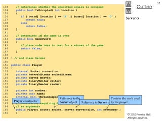 Server.cs 133  // determines whether the specified square is occupied 134  public bool  IsOccupied(  int  location ) 135  { 136  if  ( board[ location ] ==  'X'  || board[ location ] ==  'O'  ) 137  return true ; 138  else 139  return false ; 140  } 141  142  // determines if the game is over 143  public bool  GameOver() 144  { 145  // place code here to test for a winner of the game 146  return false ; 147  } 148  149  }  // end class Server 150  151  public class  Player 152  { 153  internal  Socket connection; 154  private  NetworkStream socketStream; 155  private  Server server; 156  private  BinaryWriter writer; 157  private  BinaryReader reader; 158  159  private int  number; 160  private char  mark; 161  internal bool  threadSuspended =  true ; 162  163  // constructor requiring Socket, Server and int objects 164  // as arguments 165  public  Player( Socket socket, Server serverValue,  int  newNumber ) 166  { Player  constructor Reference to the  Socket  object Reference to  Server  object Contain the mark used by the player 