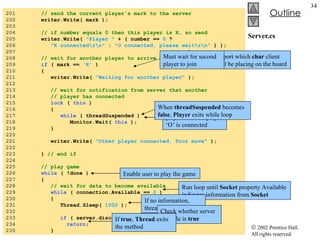 Server.cs 201  // send the current player's mark to the server 202  writer.Write( mark ); 203  204  // if number equals 0 then this player is X, so send 205  writer.Write(  "Player "  + ( number ==  0  ?  206  "X connected\r\n"  :  "O connected, please wait\r\n"  ) ); 207  208  // wait for another player to arrive 209  if  ( mark ==  'X'  ) 210  { 211  writer.Write(  "Waiting for another player"  ); 212  213  // wait for notification from server that another  214  // player has connected 215  lock  (  this  ) 216  { 217  while  ( threadSuspended ) 218  Monitor.Wait(  this  ); 219  } 220  221  writer.Write(  "Other player connected. Your move"  ); 222  223  }  // end if 224  225  // play game 226  while  ( !done ) 227  {  228  // wait for data to become available 229  while  ( connection.Available ==  0  ) 230  { 231  Thread.Sleep(  1000  ); 232  233  if  ( server.disconnected ) 234  return ;  235  } Report which  char  client will be placing on the board Must wait for second player to join Suspend  thread  for player ‘X’ until player ‘O’ is connected When  threadSuspended  becomes  false ,  Player  exits while loop Enable user to play the game Run loop until  Socket  property Available indicates information from  Socket If no information, thread goes to sleep Check whether server variable is  true If  true ,  Thread  exits the method 