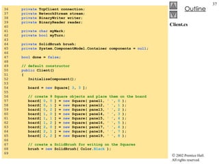 Client.cs 36  private  TcpClient connection; 37  private  NetworkStream stream; 38  private  BinaryWriter writer; 39  private  BinaryReader reader; 40  41  private char  myMark; 42  private bool  myTurn; 43  44  private  SolidBrush brush; 45  private  System.ComponentModel.Container components =  null ; 46  47  bool  done =  false ; 48  49  // default constructor 50  public  Client() 51  { 52  InitializeComponent(); 53  54  board =  new  Square[  3 ,  3  ]; 55  56  // create 9 Square objects and place them on the board 57  board[  0 ,  0  ] =  new  Square( panel1,  ' ' ,  0  ); 58  board[  0 ,  1  ] =  new  Square( panel2,  ' ' ,  1  ); 59  board[  0 ,  2  ] =  new  Square( panel3,  ' ' ,  2  ); 60  board[  1 ,  0  ] =  new  Square( panel4,  ' ' ,  3  ); 61  board[  1 ,  1  ] =  new  Square( panel5,  ' ' ,  4  ); 62  board[  1 ,  2  ] =  new  Square( panel6,  ' ' ,  5  ); 63  board[  2 ,  0  ] =  new  Square( panel7,  ' ' ,  6  ); 64  board[  2 ,  1  ] =  new  Square( panel8,  ' ' ,  7  ); 65  board[  2 ,  2  ] =  new  Square( panel9,  ' ' ,  8  ); 66  67  // create a SolidBrush for writing on the Squares 68  brush =  new  SolidBrush( Color. Black  ); 69  
