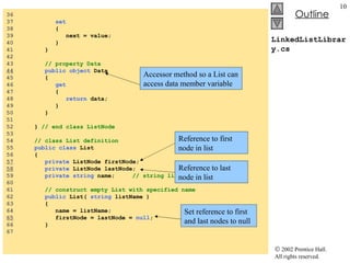 LinkedListLibrary.cs 36  37  set 38  { 39  next = value; 40  } 41  } 42  43  // property Data 44   public   object  Data 45  { 46  get 47  { 48  return  data; 49  } 50  }  51  52  }  // end class ListNode 53  54  // class List definition 55  public class  List 56  { 57   private  ListNode firstNode; 58   private  ListNode lastNode; 59  private   string  name;  // string like "list" to display 60  61  // construct empty List with specified name 62  public  List(  string  listName ) 63  { 64  name = listName; 65   firstNode = lastNode =  null ; 66  } 67  Accessor method so a List can access data member variable  Reference to first node in list Reference to last node in list Set reference to first and last nodes to null 