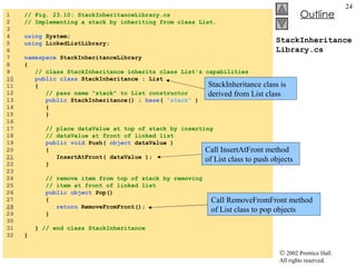 StackInheritanceLibrary.cs 1  // Fig. 23.10: StackInheritanceLibrary.cs 2  // Implementing a stack by inheriting from class List. 3  4  using  System; 5  using  LinkedListLibrary; 6  7  namespace  StackInheritanceLibrary 8  { 9  // class StackInheritance inherits class List's capabilities 10   public class  StackInheritance : List  11  { 12  // pass name "stack" to List constructor 13  public  StackInheritance() :  base (  "stack"  ) 14  { 15  } 16  17  // place dataValue at top of stack by inserting  18  // dataValue at front of linked list 19  public void  Push(  object  dataValue )  20  {  21   InsertAtFront( dataValue );  22  } 23  24  // remove item from top of stack by removing 25  // item at front of linked list 26  public object  Pop() 27  {  28   return  RemoveFromFront();  29  } 30  31  }  // end class StackInheritance 32  } StackInheritance class is derived from List class Call InsertAtFront method of List class to push objects Call RemoveFromFront method of List class to pop objects 