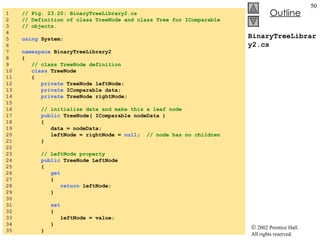 BinaryTreeLibrary2.cs 1  // Fig. 23.20: BinaryTreeLibrary2.cs 2  // Definition of class TreeNode and class Tree for IComparable 3  // objects. 4  5  using  System; 6  7  namespace  BinaryTreeLibrary2 8  { 9  // class TreeNode definition 10  class  TreeNode  11  { 12  private  TreeNode leftNode;  13  private  IComparable data;  14  private  TreeNode rightNode;  15  16  // initialize data and make this a leaf node 17  public  TreeNode( IComparable nodeData ) 18  {  19  data = nodeData;  20  leftNode = rightNode =  null ;  // node has no children 21  } 22  23  // LeftNode property 24  public  TreeNode LeftNode  25  { 26  get   27  { 28  return  leftNode; 29  } 30  31  set 32  { 33  leftNode = value; 34  } 35  } 