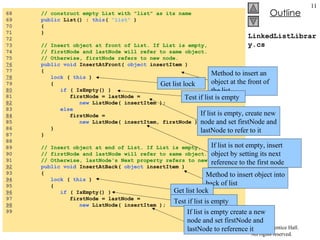 LinkedListLibrary.cs 68  // construct empty List with "list" as its name 69  public  List() :  this (  "list"  ) 70  {  71  } 72  73  // Insert object at front of List. If List is empty,  74  // firstNode and lastNode will refer to same object. 75  // Otherwise, firstNode refers to new node. 76   public void  InsertAtFront(  object  insertItem ) 77  { 78   lock  (  this  ) 79  { 80   if  ( IsEmpty() ) 81  firstNode = lastNode =  82   new  ListNode( insertItem ); 83  else 84   firstNode =  85  new  ListNode( insertItem, firstNode ); 86  } 87  } 88  89  // Insert object at end of List. If List is empty,  90  // firstNode and lastNode will refer to same object. 91  // Otherwise, lastNode's Next property refers to new node. 92   public void  InsertAtBack(  object  insertItem ) 93  { 94   lock  (  this  ) 95  { 96   if  ( IsEmpty() ) 97  firstNode = lastNode =  98   new  ListNode( insertItem ); 99  Method to insert an object at the front of the list Test if list is empty Get list lock If list is empty, create new node and set firstNode and lastNode to refer to it If list is not empty, insert object by setting its next reference to the first node Method to insert object into back of list Get list lock Test if list is empty If list is empty create a new node and set firstNode and lastNode to reference it 