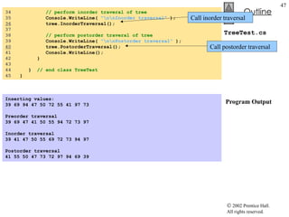 TreeTest.cs  Program Output 34  // perform inorder traveral of tree 35  Console.WriteLine(  "\n\nInorder traversal"  ); 36   tree.InorderTraversal(); 37  38  // perform postorder traveral of tree 39  Console.WriteLine(  "\n\nPostorder traversal"  ); 40   tree.PostorderTraversal(); 41  Console.WriteLine(); 42  } 43  44  }  // end class TreeTest 45  } Inserting values:  39 69 94 47 50 72 55 41 97 73    Preorder traversal 39 69 47 41 50 55 94 72 73 97    Inorder traversal 39 41 47 50 55 69 72 73 94 97    Postorder traversal 41 55 50 47 73 72 97 94 69 39  Call inorder traversal Call postorder traversal 