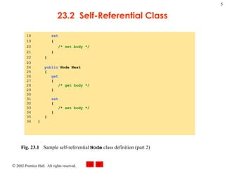23.2  Self-Referential Class 18  set 19  { 20  /* set body */ 21  } 22  } 23  24  public  Node Next 25  { 26  get 27  { 28  /* get body */ 29  } 30  31  set 32  { 33  /* set body */ 34  } 35  } 36  } Fig. 23.1 Sample self-referential  Node  class definition (part 2)  