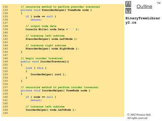 BinaryTreeLibrary2.cs 132  // recursive method to perform preorder traversal 133  private void  PreorderHelper( TreeNode node ) 134  { 135  if  ( node ==  null  ) 136  return ; 137  138  // output node data 139  Console.Write( node.Data +  " "  );  140  141  // traverse left subtree 142  PreorderHelper( node.LeftNode );  143  144  // traverse right subtree 145  PreorderHelper( node.RightNode );  146  } 147  148  // begin inorder traversal 149  public void  InorderTraversal() 150  {  151  lock  (  this  )  152  { 153  InorderHelper( root );  154  } 155  } 156  157  // recursive method to perform inorder traversal 158  private void  InorderHelper( TreeNode node ) 159  { 160  if  ( node ==  null  ) 161  return ; 162  163  // traverse left subtree 164  InorderHelper( node.LeftNode ); 165  