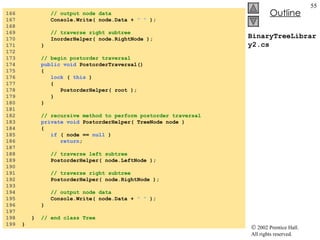 BinaryTreeLibrary2.cs 166  // output node data 167  Console.Write( node.Data +  " "  ); 168  169  // traverse right subtree 170  InorderHelper( node.RightNode ); 171  } 172  173  // begin postorder traversal 174  public void  PostorderTraversal() 175  {  176  lock  (  this  )  177  { 178  PostorderHelper( root );  179  } 180  } 181  182  // recursive method to perform postorder traversal 183  private void  PostorderHelper( TreeNode node ) 184  { 185  if  ( node ==  null  ) 186  return ; 187  188  // traverse left subtree 189  PostorderHelper( node.LeftNode ); 190  191  // traverse right subtree 192  PostorderHelper( node.RightNode ); 193  194  // output node data 195  Console.Write( node.Data +  " "  ); 196  } 197  198  }  // end class Tree 199  } 