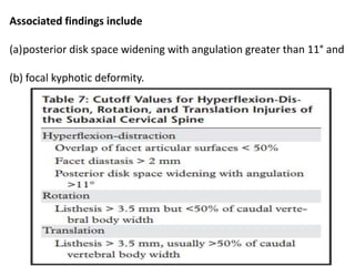 Associated findings include
(a)posterior disk space widening with angulation greater than 11° and
(b) focal kyphotic deformity.
 
