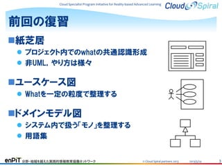 Cloud Specialist Program Initiative for Reality-based Advanced Learning

前回の復習
紙芝居
 プロジェクト内でのwhatの共通認識形成
 非UML，やり方は様々

ユースケース図
 Whatを一定の粒度で整理する

ドメインモデル図
 システム内で扱う「モノ」を整理する
 用語集

分野・地域を越えた実践的情報教育協働ネットワーク

© Cloud Spiral partners 2013

2013/5/24

3

 