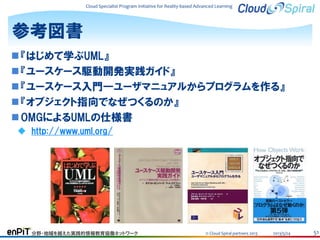 Cloud Specialist Program Initiative for Reality-based Advanced Learning

参考図書
 『はじめて学ぶUML』
 『ユースケース駆動開発実践ガイド』
 『ユースケース入門―ユーザマニュアルからプログラムを作る』
 『オブジェクト指向でなぜつくるのか』
 OMGによるUMLの仕様書
 http://www.uml.org/

分野・地域を越えた実践的情報教育協働ネットワーク

© Cloud Spiral partners 2013

2013/5/24

51

 