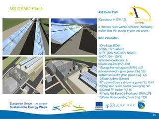 MS DEMO Plant
                                      ASE Demo Plant               Add your
                                                                   logo here
                                      (Operational in 2011/12):

                                      A complete Stand Alone CSP Demo Plant using
                                      molten salts with storage system and turbine.

                                      Main Parameters:

                                      1)One Loop: 600mt
                                      2)(DNI): 1527 kWh/m2
                                      3)HTF: (40% KNO3 60% NaNO3)
                                      4)NOT: 290 – 550°C
                                      5)Number of collectors: 6
                                      6)Collecting area [m2]: 3398
                                      7)Storage thermal capacity [MWh]: 4.27
                                      8) Nominal electric gross power [kW] :350
                                      9)Maximum electric gross power [kW] : 420
                                      10)Steam turbine: Siemens
                                      11)Turbine efficiency at nominal power [%]: 15.61
                                      12)Integration heater thermal power [kW]: 500
                                      13)Overall FF fraction [%]: 15
                                      14)Yearly Net Electricity Production [MWh] 275
                                      15)Power block operating hours [h/y]: 1300

European Union 11-15 April 2011
Sustainable Energy Week            EUROPEAN
                                  COMMISSION



                                                                                      25
 