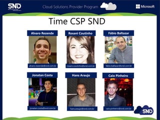 Time CSP SND
Alvaro Rezende Fábio BaltazarRosani Coutinho
Jonatan Costa Caio PinheiroHans Araujo
alvaro.rezende@snd.com.br rosani.coutinho@snd.com.br fabio.baltazar@snd.com.br
jonatan.costa@snd.com.br hans.araujo@snd.com.br caio.pinheiro@snd.com.br
 