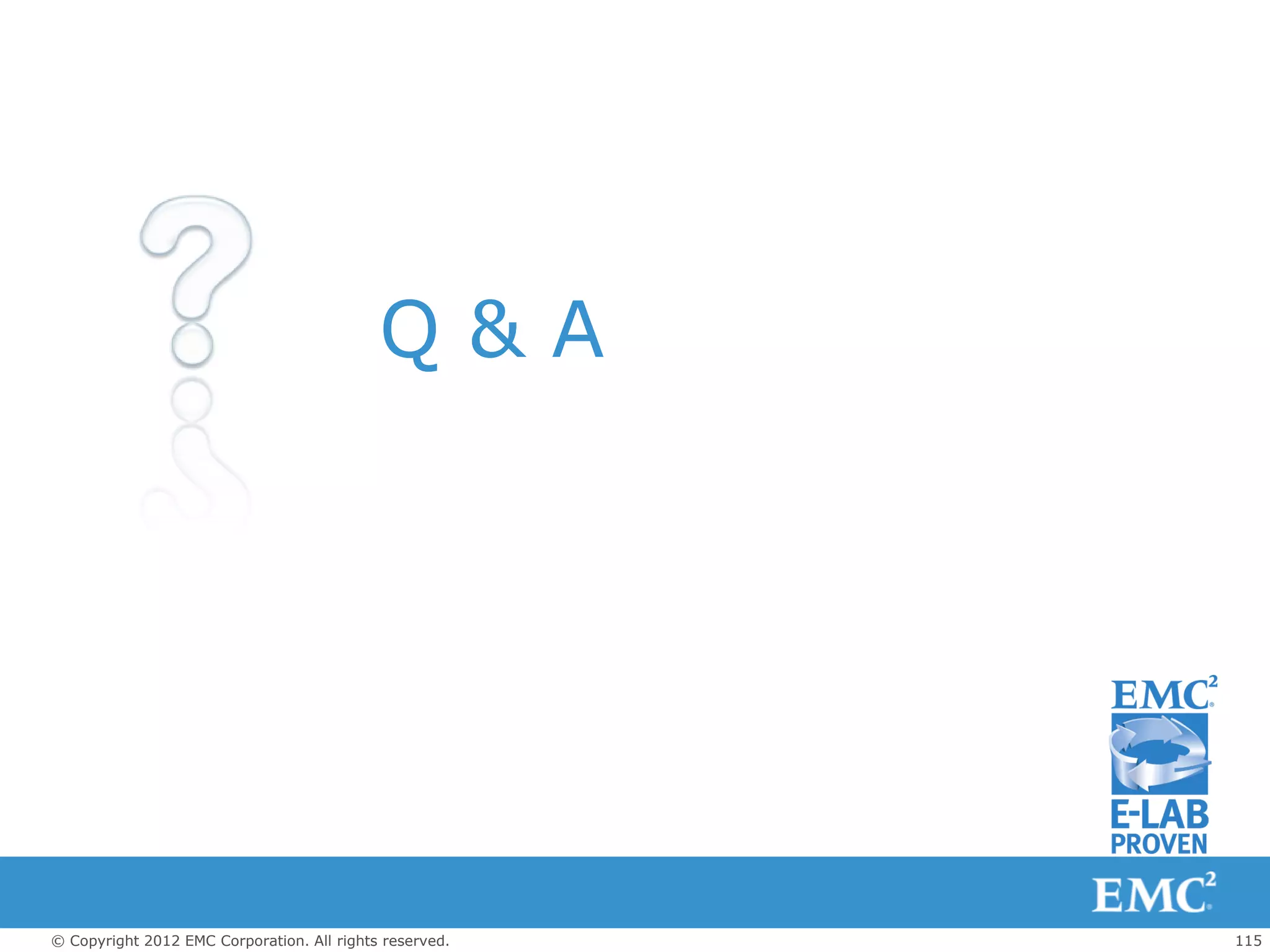 Q&A




© Copyright 2012 EMC Corporation. All rights reserved.   115
 