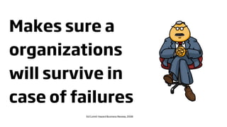 Makes sure a
organizations
will survive in
case of failures
         Ed Cutmil: Havard Business Review, 2008
 