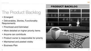 134




The Product Backlog
• Emergent
• Deliverables, Stories, Functionality
Requirements
• Prioritized and Estimated
• More detailed on higher priority items
• Anyone can contribute
• Product owner is responsible for priority
• Maintained and posted visibly
• Business Plan
 
