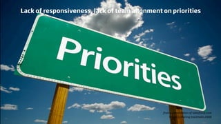 Lack of responsiveness, lack of team alignment on priorities




                                               from a presentation of salesforce.com
                                                   Scrum Gathering Stockholm 2008
 