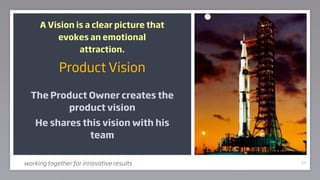 A Vision is a clear picture that
         evokes an emotional
               attraction.

            Product Vision

  The Product Owner creates the
         product vision
    He shares this vision with his
                team


working together for innovative results   64
 