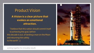 Product Vision
      A Vision is a clear picture that
          evokes an emotional
                attraction.

   ”I believe that this nation should commit itself
   to achieving the goal, before
this decade is out, of landing a man on the Moon
and returning him safely
to the earth“ ,1


working together for innovative results               65
 