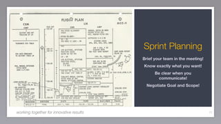 Sprint Planning
                                          Brief your team in the meeting!
                                          Know exactly what you want!
                                                Be clear when you
                                                  communicate!
                                            Negotiate Goal and Scope!




working together for innovative results                                     72
 