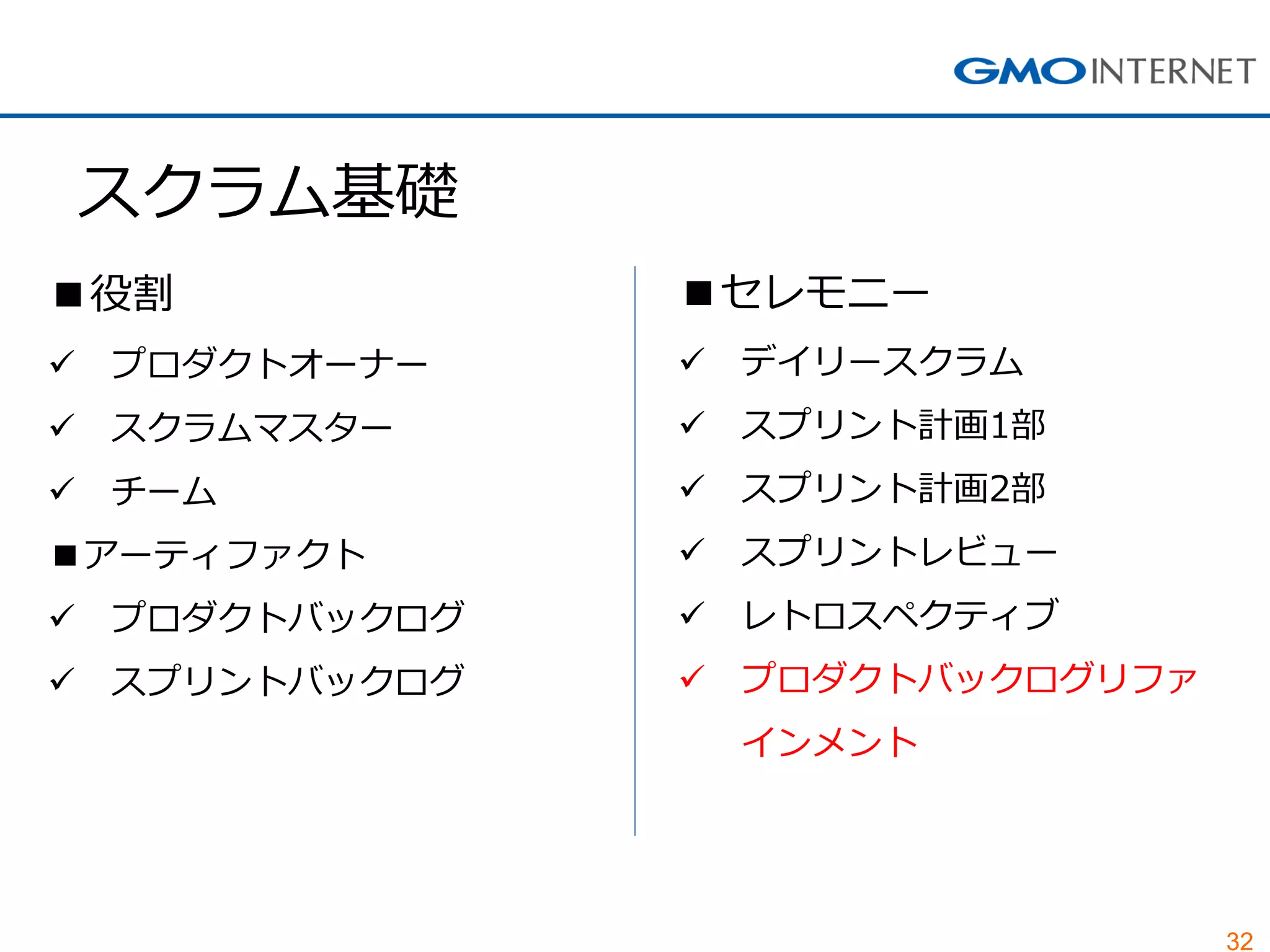 32
スクラム基礎
■役割
 プロダクトオーナー
 スクラムマスター
 チーム
■アーティファクト
 プロダクトバックログ
 スプリントバックログ
■セレモニー
 デイリースクラム
 スプリント計画1部
 スプリント計画2部
 スプリントレビュー
 レトロスペクティブ
 プロダクトバックログリファ
インメント
 