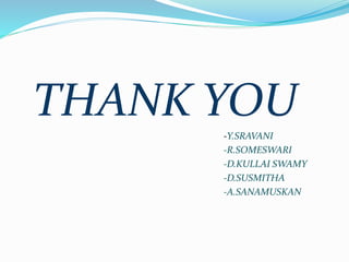 THANK YOU
-Y.SRAVANI
-R.SOMESWARI
-D.KULLAI SWAMY
-D.SUSMITHA
-A.SANAMUSKAN
 
