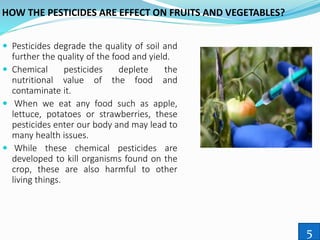 HOW THE PESTICIDES ARE EFFECT ON FRUITS AND VEGETABLES?
 Pesticides degrade the quality of soil and
further the quality of the food and yield.
 Chemical pesticides deplete the
nutritional value of the food and
contaminate it.
 When we eat any food such as apple,
lettuce, potatoes or strawberries, these
pesticides enter our body and may lead to
many health issues.
 While these chemical pesticides are
developed to kill organisms found on the
crop, these are also harmful to other
living things.
5
 