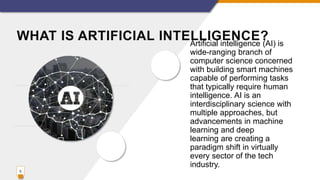 WHAT IS ARTIFICIAL INTELLIGENCE?Artificial intelligence (AI) is
wide-ranging branch of
computer science concerned
with building smart machines
capable of performing tasks
that typically require human
intelligence. AI is an
interdisciplinary science with
multiple approaches, but
advancements in machine
learning and deep
learning are creating a
paradigm shift in virtually
every sector of the tech
industry.
5
 