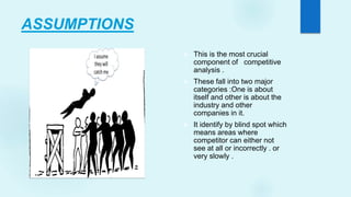 ASSUMPTIONS
 This is the most crucial
component of competitive
analysis .
 These fall into two major
categories :One is about
itself and other is about the
industry and other
companies in it.
 It identify by blind spot which
means areas where
competitor can either not
see at all or incorrectly . or
very slowly .
 
