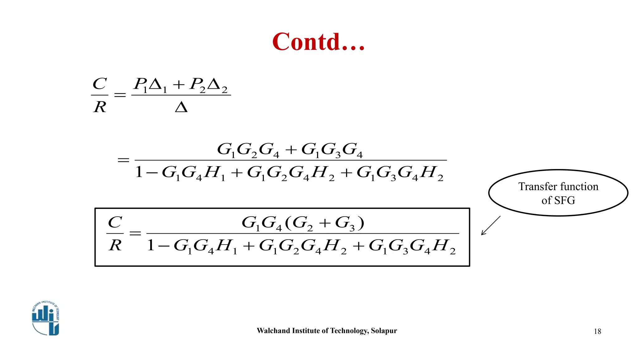 Contd…


 2211 PP
R
C
24312421141
431421
1 HGGGHGGGHGG
GGGGGG



24312421141
3241
1
)(
HGGGHGGGHGG
GGGG
R
C



Walchand Institute of Technology, Solapur 18
Transfer function
of SFG
 