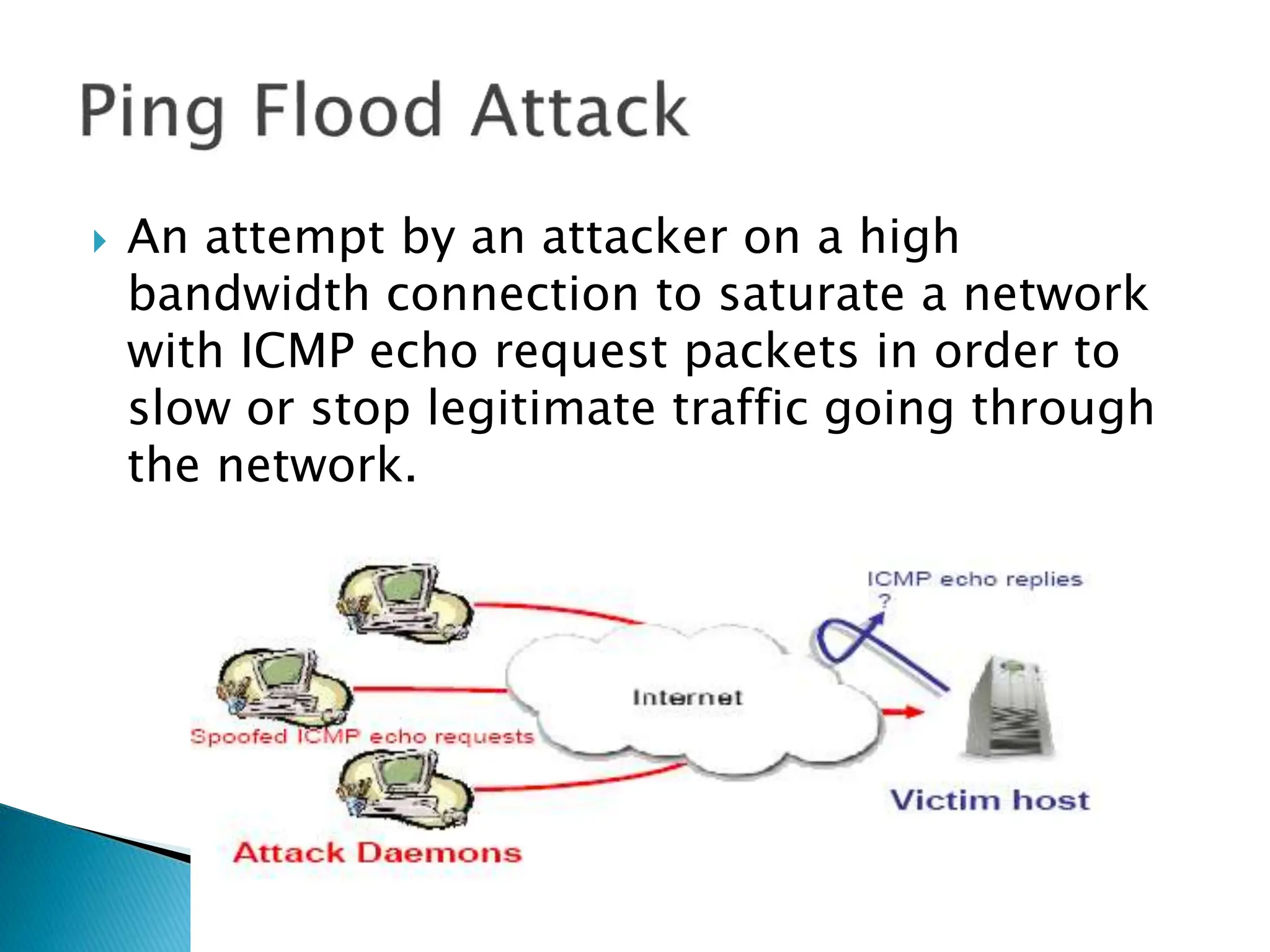  An attempt by an attacker on a high
bandwidth connection to saturate a network
with ICMP echo request packets in order to
slow or stop legitimate traffic going through
the network.
 