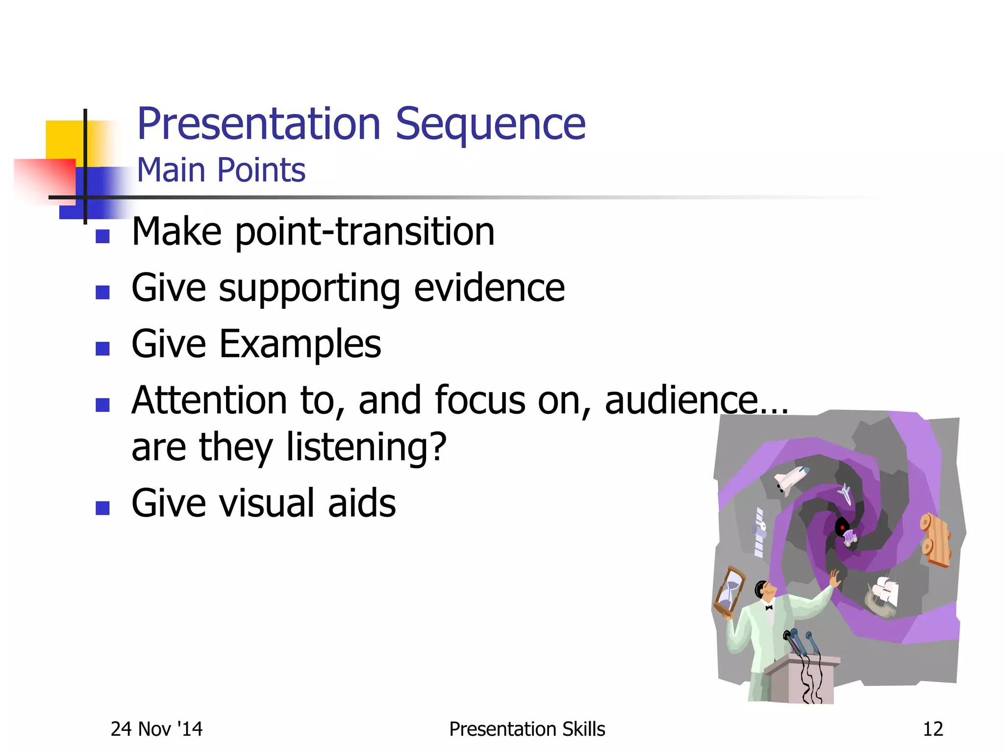Presentation Sequence
Main Points
 Make point-transition
 Give supporting evidence
 Give Examples
 Attention to, and focus on, audience…
are they listening?
 Give visual aids
24 Nov '14 12Presentation Skills
 