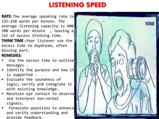 RATE: The average speaking rate is
125-150 words per minute. The
average listening capacity is 400-
500 words per minute , leaving a
lot of excess thinking time.
THINK TIME : Poor listener use the
excess time to daydream, often
missing part.
REMEDIES:
 Use the excess time to outline
messages .
 Identify the purpose and how it
is supported .
 Evaluate the soundness of
logic; verify and integrate it
with existing knowledge.
 Maintain eye contact to observe
and interpret non-verbal
signals.
 Formulate questions to enhance
and verify understanding and
provide feedback.
LISTENING SPEED
 