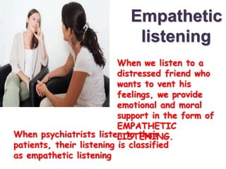 Empathetic
listening
When we listen to a
distressed friend who
wants to vent his
feelings, we provide
emotional and moral
support in the form of
EMPATHETIC
LISTENING.When psychiatrists listen to their
patients, their listening is classified
as empathetic listening
 