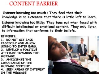 CONTENT BARRIER
Listener knowing too much : They feel that their
knowledge is so extensive that there is little left to learn.
Listener knowing too little: They tune out when faced with
difficult intellectual or emotional content. They only listen
to information that conforms to their beliefs.
REMEDIES:
1. DO NOT SIT BACK
PASSIVELY AND ALLOW
SOUND TO ENTER EARS.
2. DEVELOP A POSITIVE
ATTITUDE TOWARDS THE
MESSAGE.
3. ANTICIPATE THE
IMPORTANCE OF THE
MESSAGE CONTENT.
4. SEEK AREAS OF INTEREST
IN THE MESSAGE
 
