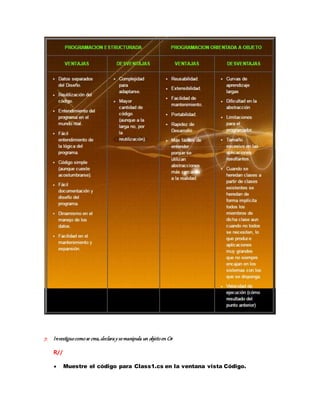 7. Investiguecomose crea,declaray semanipula un objetoen C#
R//
 Muestre el código para Class1.cs en la ventana vista Código.
 