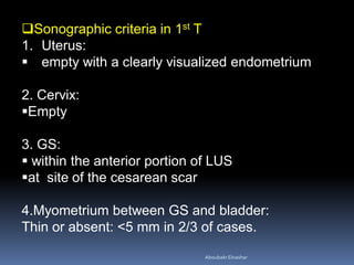 Sonographic criteria in 1st T
1. Uterus:
 empty with a clearly visualized endometrium
2. Cervix:
Empty
3. GS:
 within the anterior portion of LUS
at site of the cesarean scar
4.Myometrium between GS and bladder:
Thin or absent: <5 mm in 2/3 of cases.
AboubakrElnashar
 