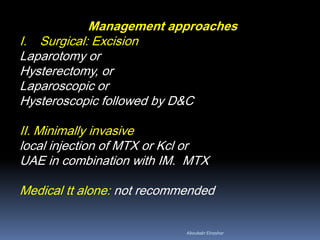 Management approaches
I. Surgical: Excision
Laparotomy or
Hysterectomy, or
Laparoscopic or
Hysteroscopic followed by D&C
II. Minimally invasive
local injection of MTX or Kcl or
UAE in combination with IM. MTX
Medical tt alone: not recommended
Aboubakr Elnashar
 