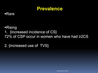 Prevalence
Rare
Rising
1. {increased incidence of CS}
72% of CSP occur in women who have had ≥2CS
2. {increased use of TVS}
AboubakrElnashar
 