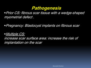 Pathogenesis
Prior CS: fibrous scar tissue with a wedge-shaped
myometrial defect .
Pregnancy: Blastocyst implants on fibrous scar
Multiple CS:
increase scar surface area: increase the risk of
implantation on the scar
AboubakrElnashar
 