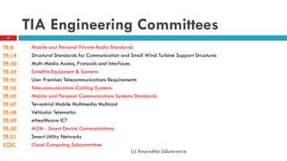 TIA Engineering Committees
TR-8 Mobile and Personal Private Radio Standards
TR-14 Structural Standards for Communication and Small Wind Turbine Support Structures
TR-30 Multi-Media Access, Protocols and Interfaces
TR-34 Satellite Equipment & Systems
TR-41 User Premises Telecommunications Requirements
TR-42 Telecommunications Cabling Systems
TR-45 Mobile and Personal Communications Systems Standards
TR-47 Terrestrial Mobile Multimedia Multicast
TR-48 Vehicular Telematics
TR-49 eHealthcare ICT
TR-50 M2M - Smart Device Communications
TR-51 Smart Utility Networks
CCSC Cloud Computing Subcommittee
(c) Anuradha Udunuwara
57
 