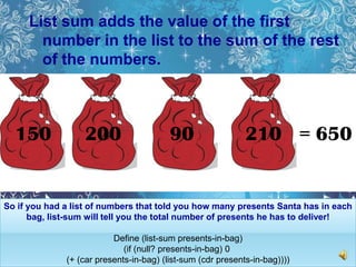 List sum adds the value of the first
       number in the list to the sum of the rest
       of the numbers.



  150     ...