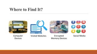 Where to Find It?
Computer
Devices
Visited Websites Encrypted
Memory Devices
Social Media
 