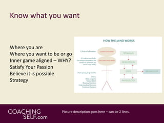 Know what you want
Where you are
Where you want to be or go
Inner game aligned – WHY?
Satisfy Your Passion
Believe it is possible
Strategy
 
