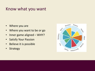 Know what you want
• Where you are
• Where you want to be or go
• Inner game aligned – WHY?
• Satisfy Your Passion
• Believe it is possible
• Strategy
 