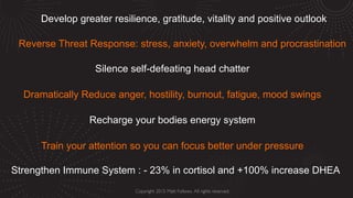 Reverse Threat Response: stress, anxiety, overwhelm and procrastination
Strengthen Immune System : - 23% in cortisol and +100% increase DHEA
Silence self-defeating head chatter
Recharge your bodies energy system
Train your attention so you can focus better under pressure
Dramatically Reduce anger, hostility, burnout, fatigue, mood swings
Develop greater resilience, gratitude, vitality and positive outlook
 