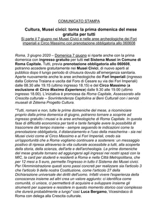 COMUNICATO STAMPA
Cultura, Musei civici: torna la prima domenica del mese
gratuita per tutti
Si parte il 7 giugno nei Muse...
