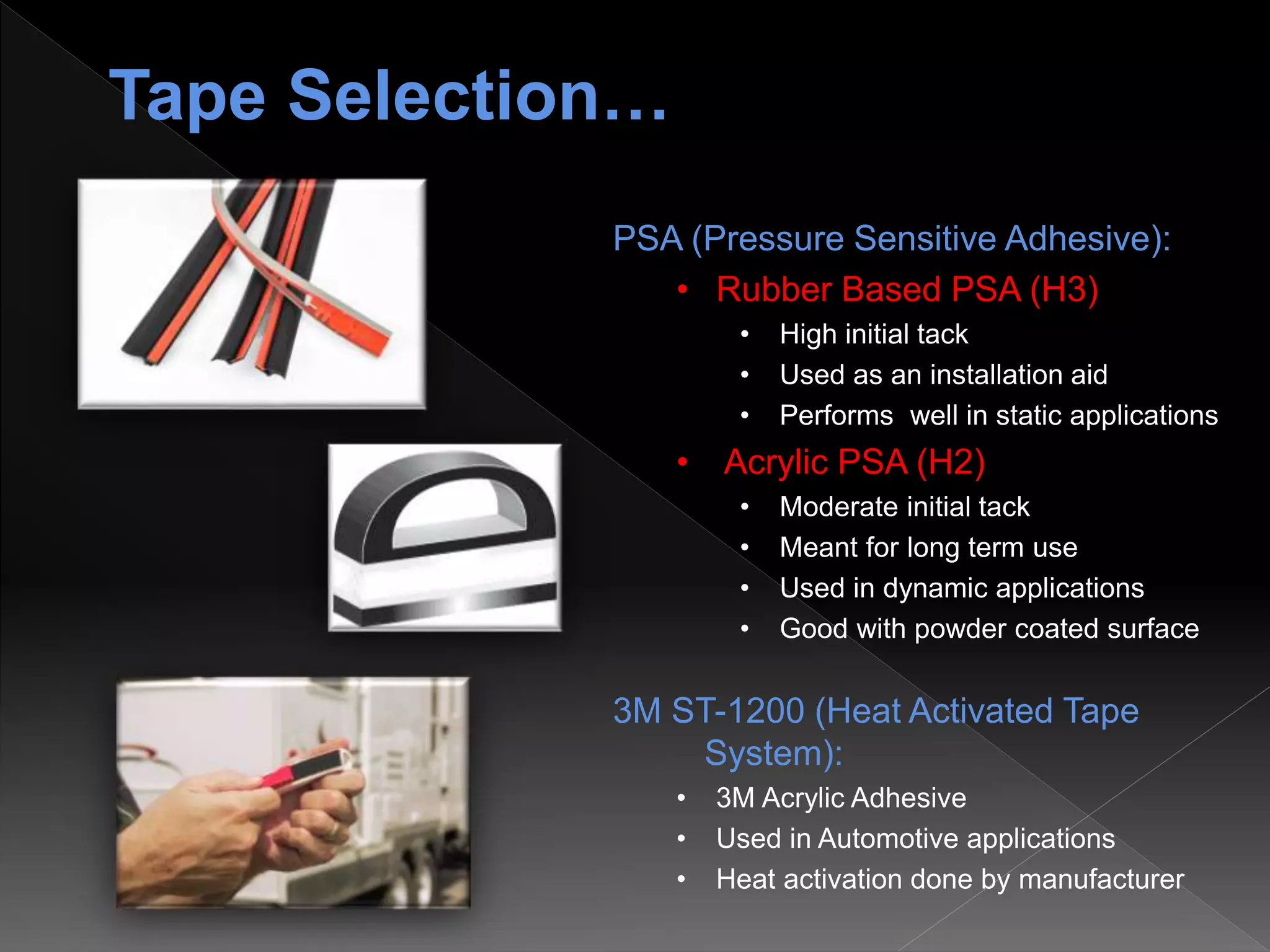 PSA (Pressure Sensitive Adhesive):
• Rubber Based PSA (H3)
• High initial tack
• Used as an installation aid
• Performs well in static applications
• Acrylic PSA (H2)
• Moderate initial tack
• Meant for long term use
• Used in dynamic applications
• Good with powder coated surface
3M ST-1200 (Heat Activated Tape
System):
• 3M Acrylic Adhesive
• Used in Automotive applications
• Heat activation done by manufacturer
Tape Selection…
 